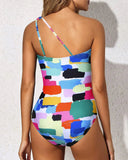 Emoswim - One Shoulder One Piece Swimsuit for Women Tummy Control Bathing Suits-Grid