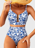 Emoswim - Sommer Zweiteiliges Bikini-Set U-Bügel Cut-Out High Waist Badeanzug - Blau Floral