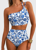 Emoswim - Damen High Waist Bikini-Sets One-Shoulder Floral Print Badeanzüge 2-teilig Bauchweg Bademode