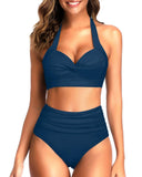 Emoswim - Two Piece Self-Tie Halter Neck Pleated Front Panel Push Up Bikini-Teal