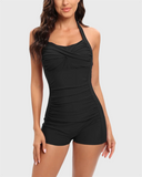 Emoswim - Retro Bathing Suit Halter Swimwear Shorts Boyleg-Black