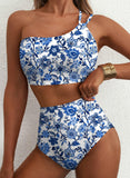 Emoswim - Damen High Waist Bikini-Sets One-Shoulder Floral Print Badeanzüge 2-teilig Bauchweg Bademode