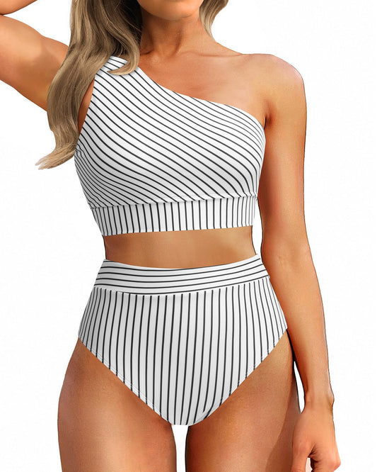 Emoswim - One Shoulder High Waisted Bikini Sets Two Piece Swimsuit Tummy Control-Black Stripes