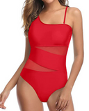 Emoswim - Tummy Control Mesh One Piece Swimsuit For Curvy Women-Red