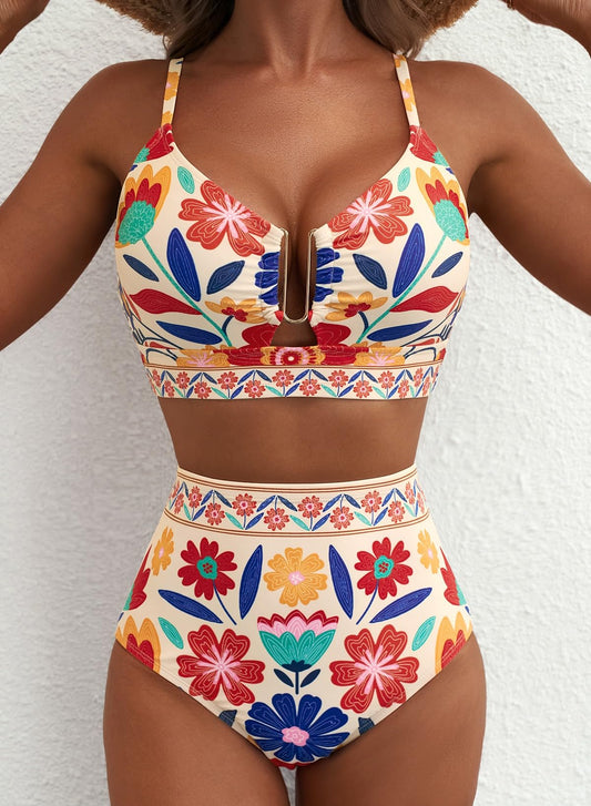 Emoswim - 2026 Summer Two Piece Bikini Set U-Wire Cutout High Waisted Swimsuit-Orange Floral