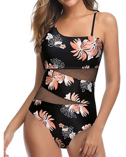 Emoswim - Sexy Cutout Mesh Inserts One Piece Swimsuit For Curvy Women-Red Leaf