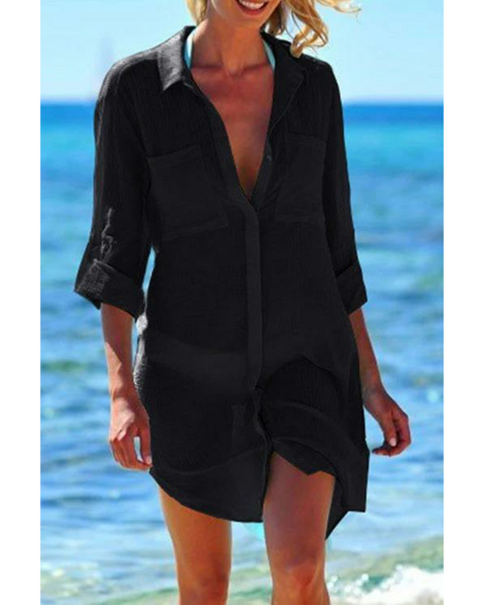 Emoswim - Navy Pocket Long Sleeve Cover Up-Black