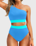 Emoswim - One Shoulder High Waisted Bikini Sets Two Piece Swimsuit Tummy Control-Blue Green