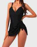 Emoswim - Womens One Piece Swimsuit Tummy Control Bathing Suit Scalloped Modest Tie Knot 2026 Swim Dress-Black