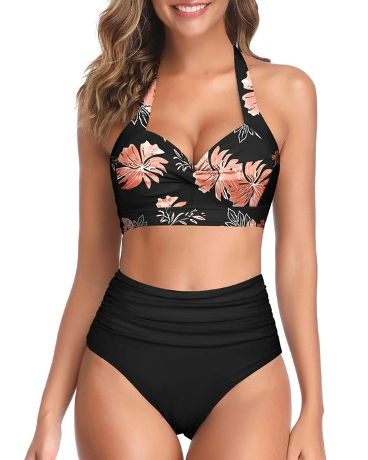 KaKaswim - Two Piece Highwaist Bikini Adjustable Clasp Hook Closure Bathing Suit-Black Orange Floral