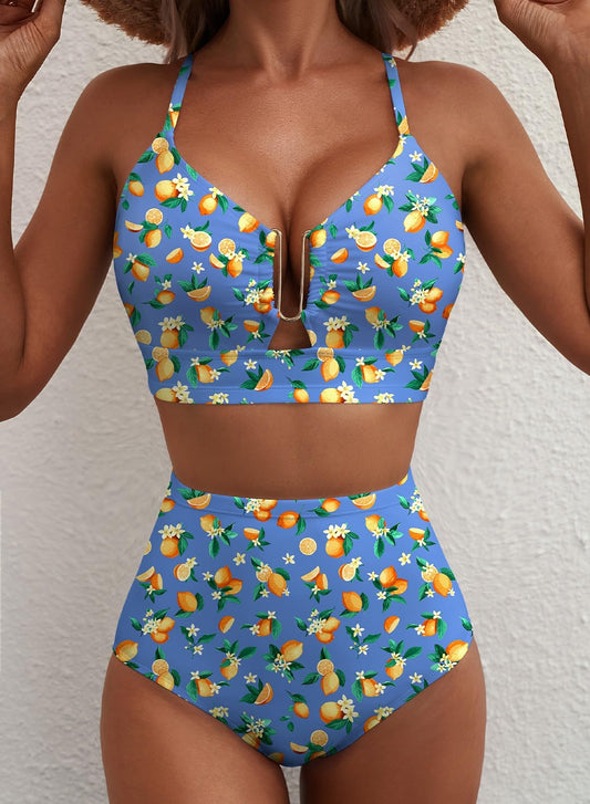 Emoswim - 2026 Summer Two Piece Bikini Set U-Wire Cutout High Waisted Swimsuit-Navy Citrus