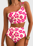 Emoswim - Damen High Waist Bikini-Sets One-Shoulder Floral Print Badeanzüge 2-teilig Bauchweg Bademode