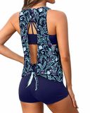 Emoswim - Women's 3 Piece Scoop Neck Criss Cross Tankini Swimsuits-Navy Blue Vine