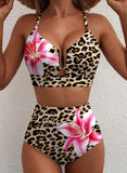 Emoswim - Sommer Zweiteiliges Bikini-Set U-Bügel Cut-Out High Waist Badeanzug - Leopard Pinke Lilie