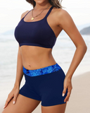 Emoswim - Damen 3-teiliger Scoop-Ausschnitt Criss-Cross Tankini Badeanzug - Blaues Paisley