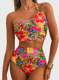 Emoswim - Damen High Waist Bikini-Sets One-Shoulder Floral Print Badeanzüge 2-teilig Bauchweg Bademode