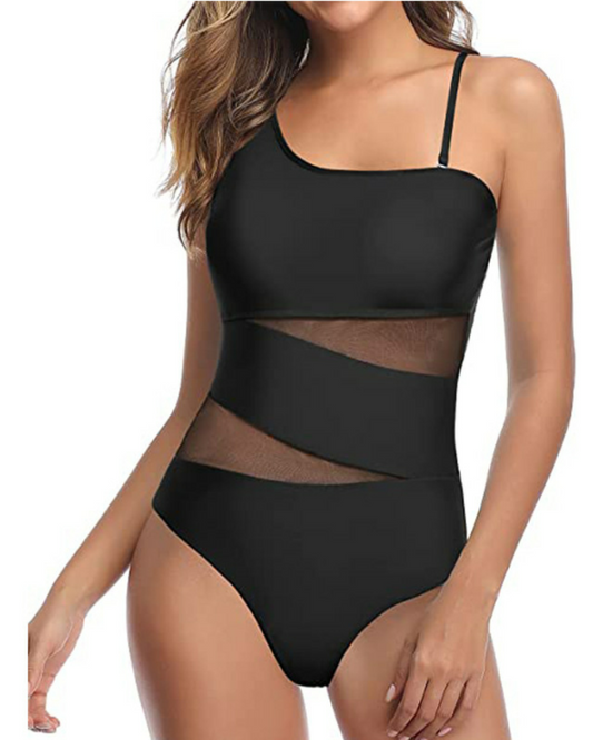 Emoswim - Sexy Cutout Mesh Inserts One Piece Swimsuit For Curvy Women-Black