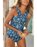 Emoswim - Ruched Front Leaf Print One Piece Swimsuit-Navy Leaf