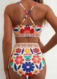 Emoswim - Sommer Zweiteiliges Bikini-Set U-Bügel Cut-Out High Waist Badeanzug - Orange Floral
