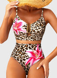 Emoswim - Sommer Zweiteiliges Bikini-Set U-Bügel Cut-Out High Waist Badeanzug - Leopard Pinke Lilie