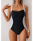Emoswim - Women One Piece Swimsuit Ruched Tummy Control Bathing Suit Slimming Color Block Swim Suit Swimwear-Black