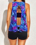 Emoswim - Damen 3-teiliger Scoop-Ausschnitt Criss-Cross Tankini Badeanzug - Blau Lila Blätter