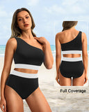 Emoswim - One-Shoulder High Waist Bikini-Sets Zweiteiliger Badeanzug Bauchweg - Schwarz Weiß