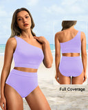 Emoswim - One Shoulder High Waisted Bikini Sets Two Piece Swimsuit Tummy Control-Purple