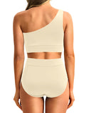 Emoswim - One Shoulder High Waisted Bikini Sets Two Piece Swimsuit Tummy Control-Beige