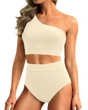 Emoswim - One Shoulder High Waisted Bikini Sets Two Piece Swimsuit Tummy Control-Beige