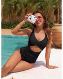Emoswim - Womens One Piece Swimsuits Push Up Tummy Control Bathing Suits V Neck Cutout Modest Swimwear-Black