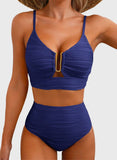Emoswim - Sommer Zweiteiliges Bikini-Set U-Bügel Cut-Out High Waist Badeanzug - Marineblau