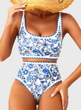 Emoswim - Damen Bikini-Sets Floral Print Zierstich 2-teilige Badeanzüge High Waist Scoop-Ausschnitt Bademode