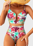 Emoswim - Sommer Zweiteiliges Bikini-Set U-Bügel Cut-Out High Waist Badeanzug - Grün Pinke Lilie