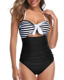 Emoswim - High Waisted Halter Retro High Waist Swimsuits-Black And White Stripe
