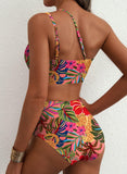 Emoswim - Damen High Waist Bikini-Sets One-Shoulder Floral Print Badeanzüge 2-teilig Bauchweg Bademode