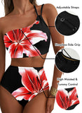 Emoswim - Damen High Waist Bikini-Sets One-Shoulder Floral Print Badeanzüge 2-teilig Bauchweg Bademode