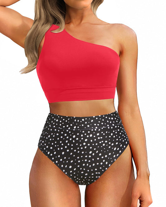Emoswim - One Shoulder High Waisted Bikini Sets Two Piece Swimsuit Tummy Control-Red Dot
