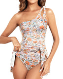 Emoswim - One-Shoulder Badekleid für Damen Bauchweg Badeanzug mit Rock - Orange Floral