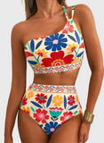 Emoswim - Damen High Waist Bikini-Sets One-Shoulder Floral Print Badeanzüge 2-teilig Bauchweg Bademode