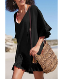 Emoswim - V Neck Solid Color Cover Up-Black