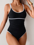 Emoswim - Damen Bauchweg Badeanzug Colorblock Einteiler Bademode Schlankmachende Doppelträger High-Cut Badeanzug