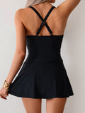 Emoswim - Damen Twist-Front Gerafftes Badekleid Geschlitzte Träger Tankini Badeanzug