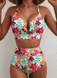 Emoswim - Sommer Zweiteiliges Bikini-Set U-Bügel Cut-Out High Waist Badeanzug - Grün Pinke Lilie
