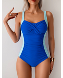 Emoswim - Women One Piece Swimsuit Ruched Tummy Control Bathing Suit Slimming Color Block Swim Suit Swimwear-Blue