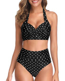 Emoswim - Adjustable Self-Tie Halter Neck Vintage High Waisted Bikini-Black Dot