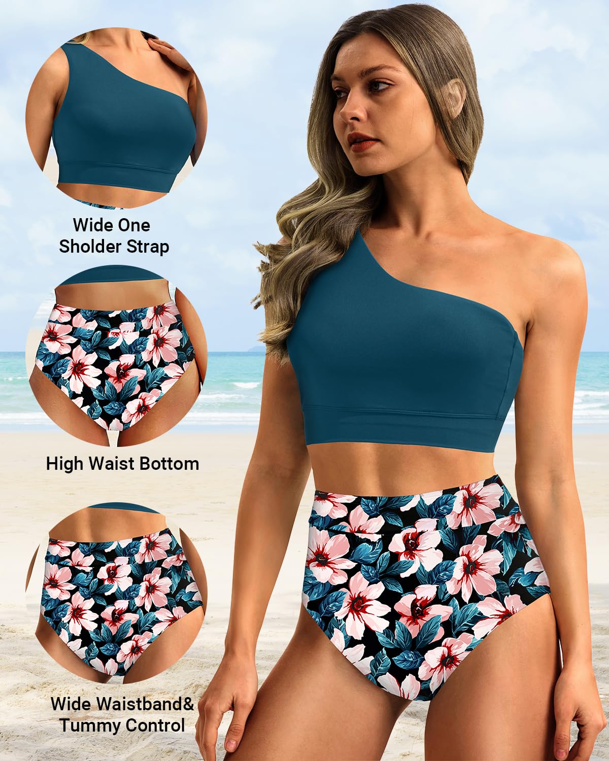 Emoswim - One Shoulder High Waisted Bikini Sets Two Piece Swimsuit Tummy Control-Teal Flower