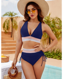 Emoswim - High Waisted Tummy Control Color Block Bikini Sets-Navy Blue