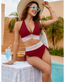 Emoswim - High Waisted Tummy Control Color Block Bikini Sets-Wine Red