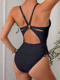 Emoswimsuit - Womens One Piece Swimsuits Tummy Control Summer Beach Bathing Suit for Women Solid Color V Neck Back O Ring Swimwear
